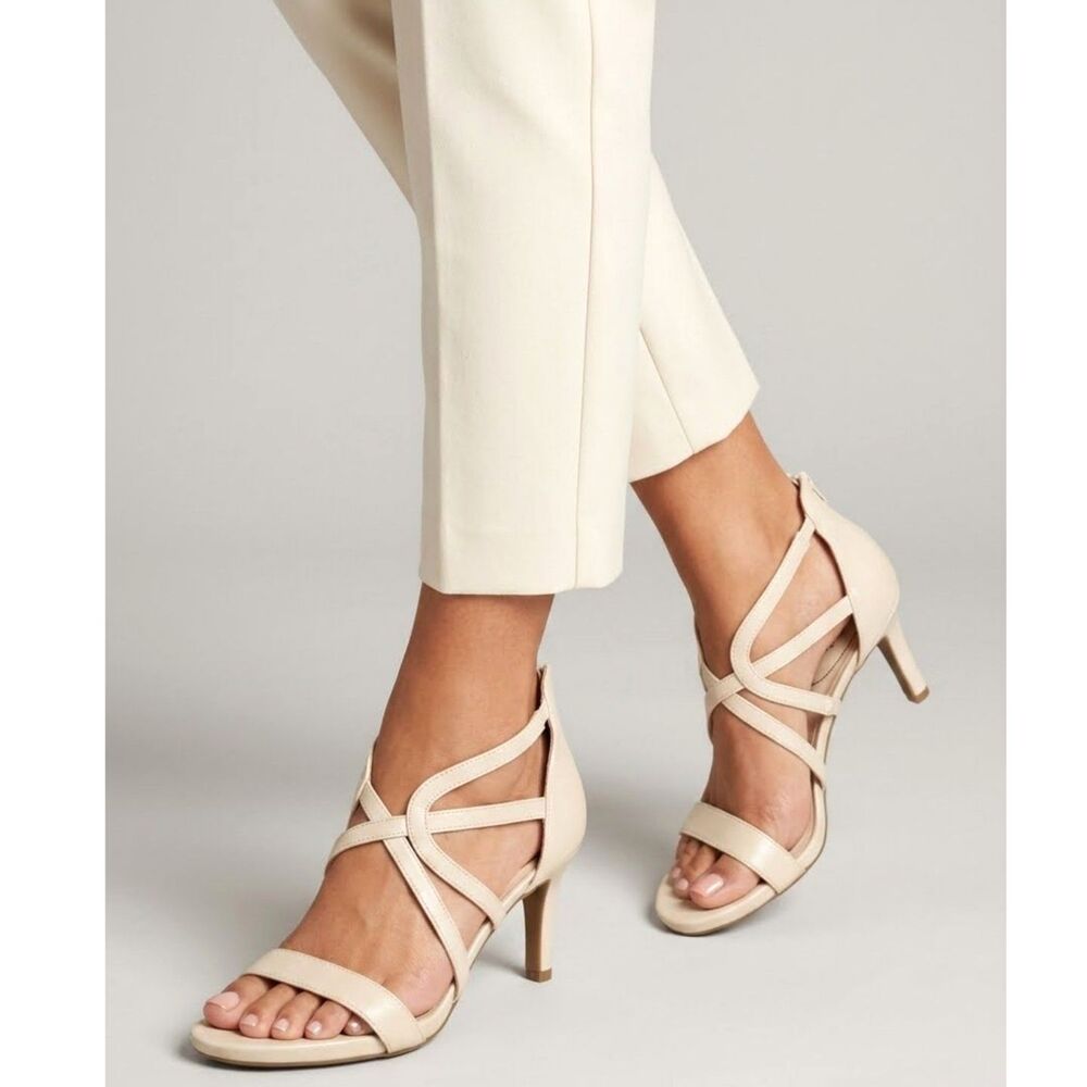 LifeStride Mid Heel Sandals 11 Strappy Dressy Wedding Bridal Cream Masquerade